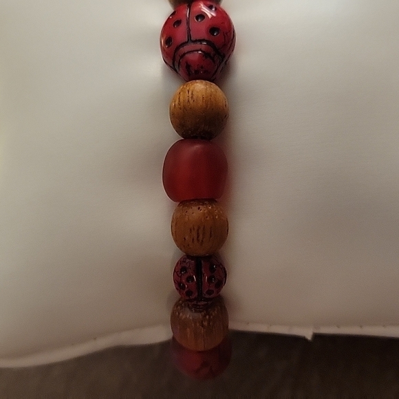 HANDMADE Fairycore Czech Glass Lady Bug African Wood Beaded Toggle Bracelet - Picture 3 of 6